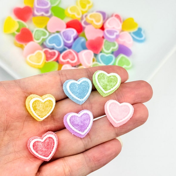 5 Faux Candy Heart Cabochons/ Love/ Resin Candy Hearts/ Fake Gummy Candy Hearts/Valentine Charms/ Valentine's Day Jewelry Supplies/ Flatback