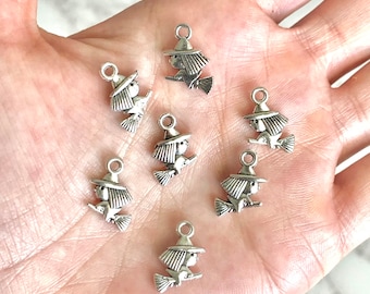 4 Small Witch On Broom Charms/ Halloween Pendant/ Flying Witch Charm/ Silver Witch Jewelry/ Jewelry Making Supplies