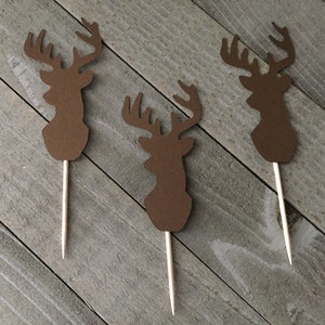 Buck Head cupcake toppers, deer, hunting, woodland animal, party decor, 12 ct.