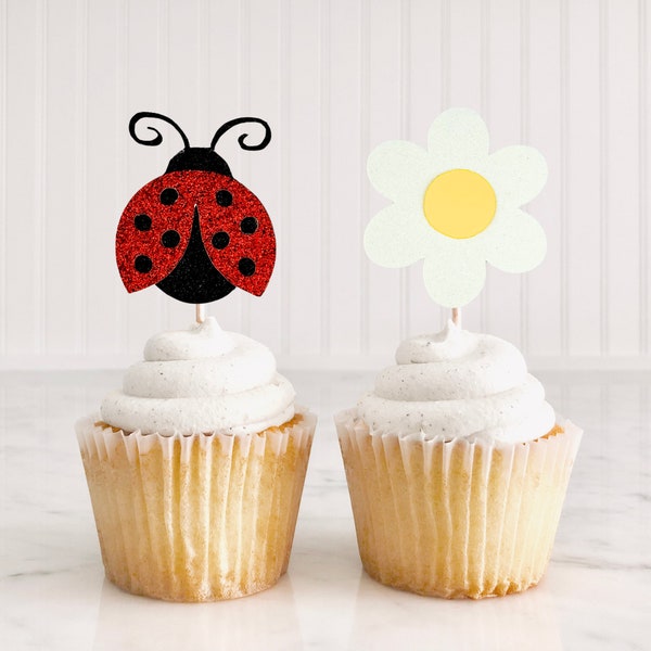 Ladybug Party Decor/ Ladybug And Daisy Cupcake Toppers/ Ladybug Decor/ Little Lady 1st Birthday Party/ Ladybug Baby Shower/ Spring Party