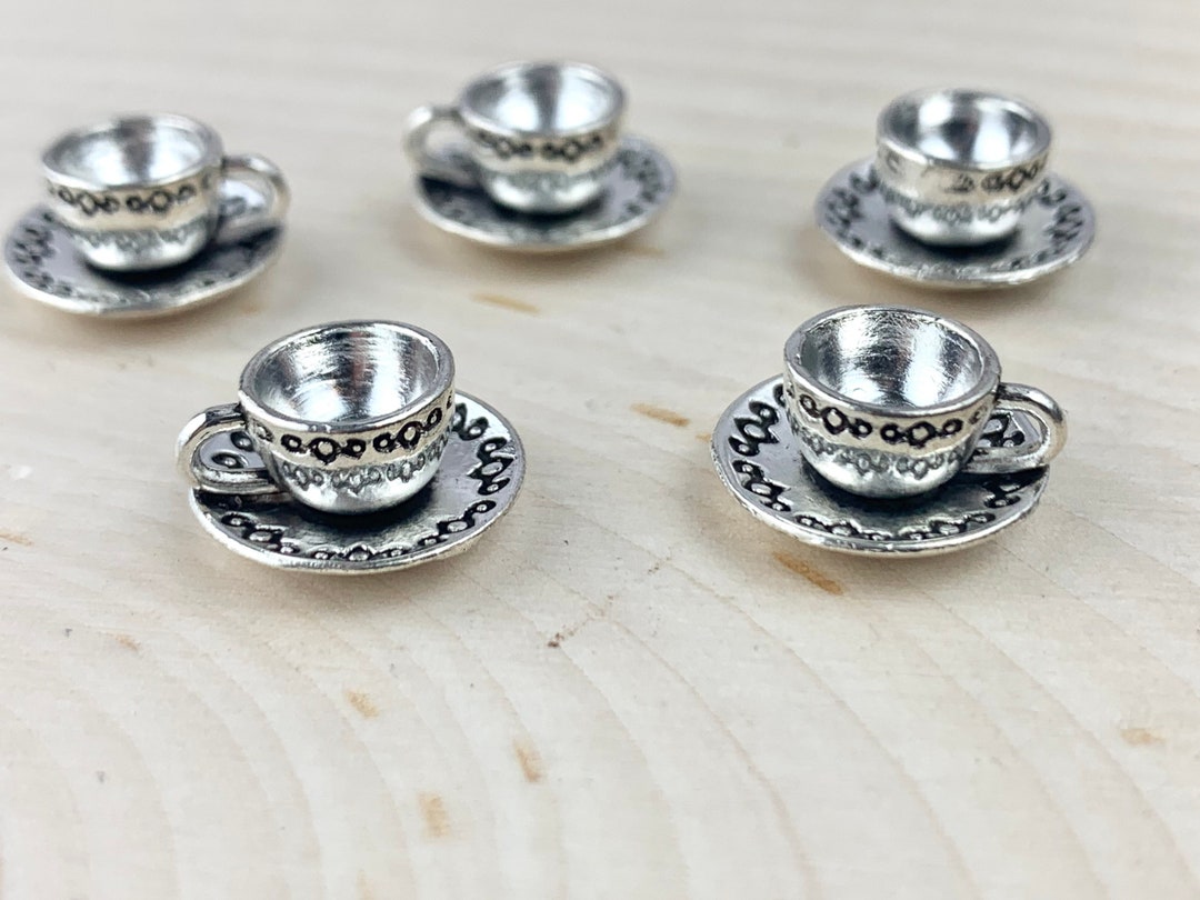 4 Silver Teacup Charms/ Teacup Pendant/ Cup of Tea/ Coffee Mug/ Cup and