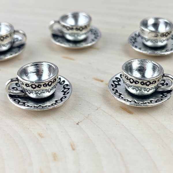 4 Silver Teacup Charms/ Teacup Pendant/ Cup of Tea/ Coffee Mug/ Cup and Saucer/ Jewelry/ Jewelry Making Supplies
