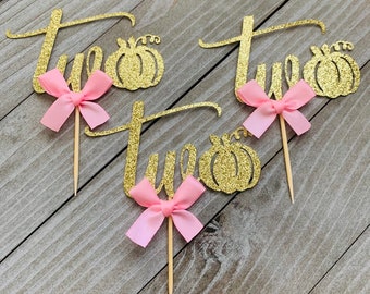 12 Gold Glitter TWO Pumpkin Cupcake Toppers With Bow, Little Pumpkin Second Birthday, Two Cupcake Toppers, Pumpkin Toppers, Fall Birthday