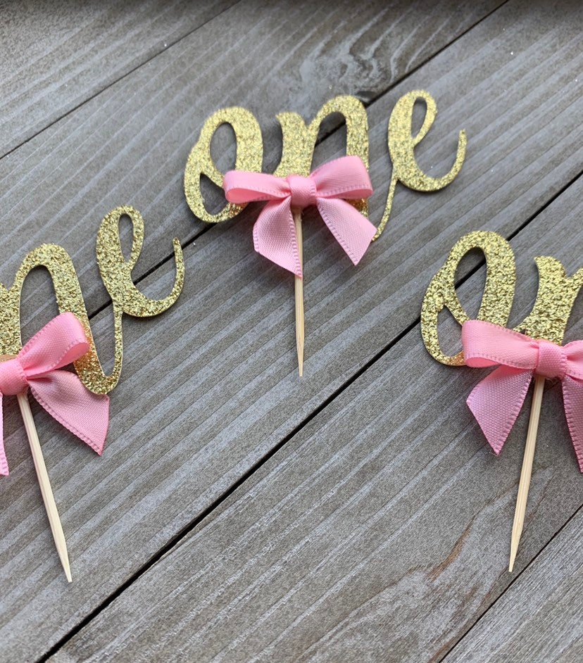 12 Gold Glitter One Cupcake Toppers With Bow, First Birthday, One ...