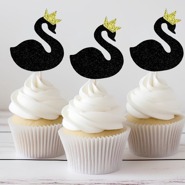 12 Black Swan Cupcake Toppers, Black Swans With Gold Crown, Swan Lake, Swan Party Decor, Swan Baby Shower, Swan Birthday