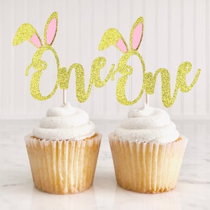 12 Bunny One Cupcake Toppers/ Gold Glitter Bunny One Toppers/ Some Bunny Is One/ Bunny Decor