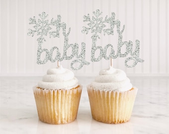 12 Oh Baby snöflinga muffinstoppare/ Vinterland/ Vinter könsavslöjande dekor/ Frostfest/ Vinter babyshower/ Liten snöflinga