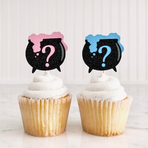 A Baby Is Brewing Cupcake Toppers/ Halloween Gender Reveal Toppers/ A Baby Is Brewing/ Witch Baby Shower/ Cauldron/ Spooky/ 12 Toppers
