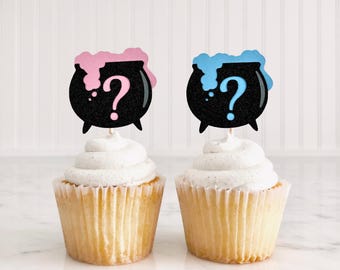 A Baby Is Brewing Cupcake Toppers/ Halloween Gender Reveal Toppers/ A Baby Is Brewing/ Witch Baby Shower/ Cauldron/ Spooky/ 12 Toppers