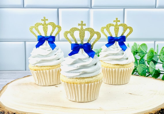 25-Piece King & Prince Crown Cake Toppers – Blue Glitter Cupcake Decor For Boy Birthdays, Baby Showers & Gender Reveals - View #12