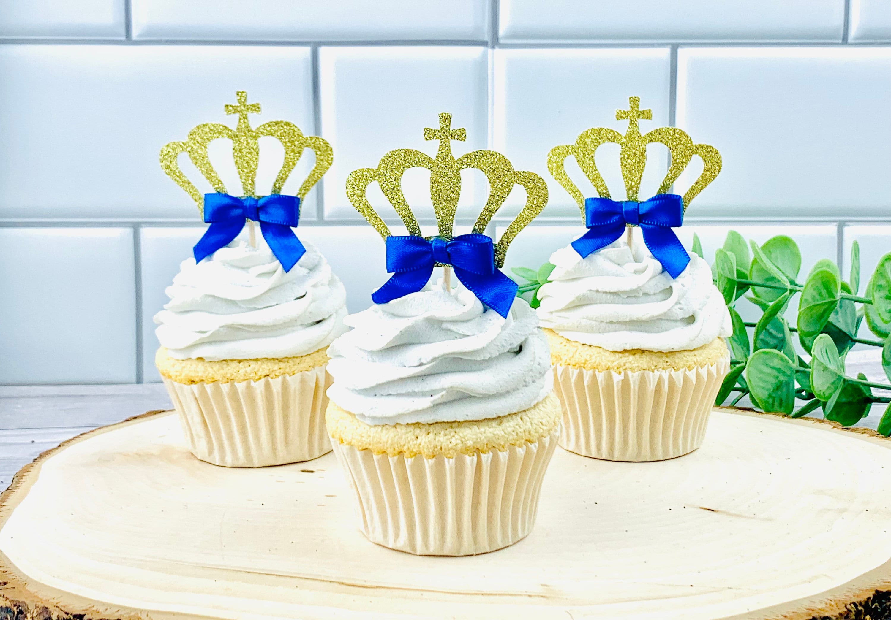 24 Stück Kronen Cupcake Topper In Blau & Gold - Dekoration Für Prinz Thema Baby Shower, Geburtstag & Hochzeit