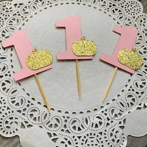 12 Pink One Cupcake Toppers With Gold Glitter Pumpkin, Little Pumpkin ...