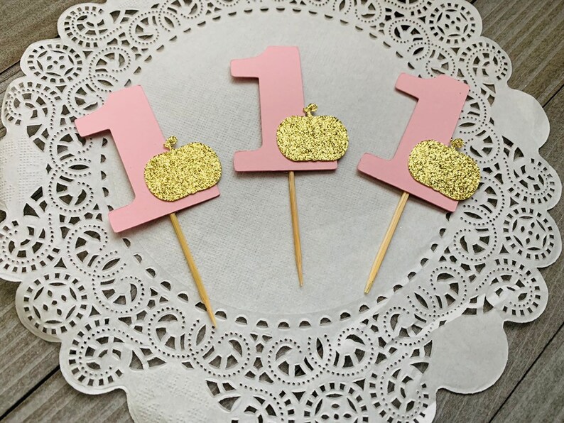 12 Pink One Cupcake Toppers With Gold Glitter Pumpkin, Little Pumpkin ...