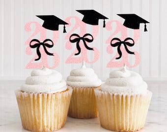 Pink Class of 2026 Coquette Cupcake Toppers/ Bow Party Decorations/ Girly Graduaton Decor/ Senior Night Floral Picks/ Hooray She Did It
