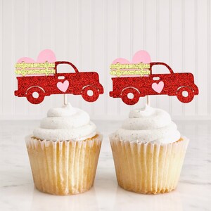 Red Glitter Truck With Heart Cupcake Toppers/ Valentine Baby Shower/ Little Sweetheart Is On The Way/ Valentine Birthday/ Gender Reveal