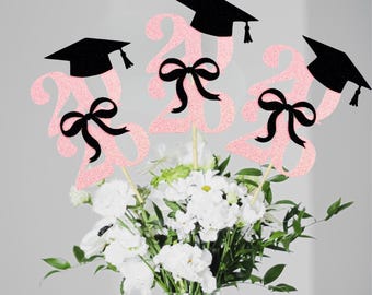Pink Class of 2026 Coquette Centerpieces/ Bow Party Decorations/ Girly Graduaton Decor/ Baby Shower/ Senior Night Floral Picks/ She Did It
