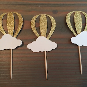 12 Gold Glitzer Heißluftballon Cupcake Toppers, Babyparty, Geburtstagsparty