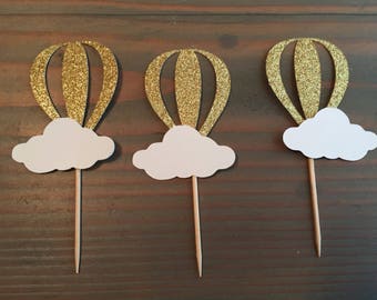 12 gold glitter hot air balloon cupcake toppers, baby shower, birthday party