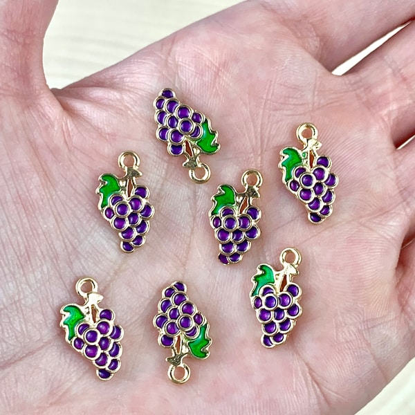 Grape Charms/ 5 Pcs/ Fruit Enamel Charms/ Fruit Jewelry/ Purple Grapevine Pendant/ Jewelry Making Supplies