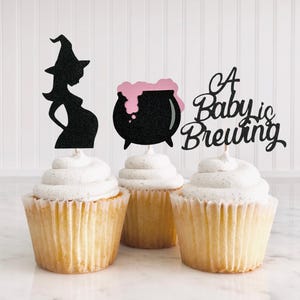 A Baby Is Brewing Cupcake Toppers/ Halloween Gender Reveal Toppers/ A Baby Is Brewing/ Witch Baby Shower/ Cauldron/ Spooky/ 12 Toppers