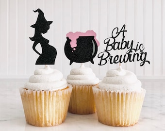 A Baby Is Brewing Cupcake Toppers/ Halloween Gender Reveal Toppers/ A Baby Is Brewing/ Witch Baby Shower/ Cauldron/ Spooky/ 12 Toppers