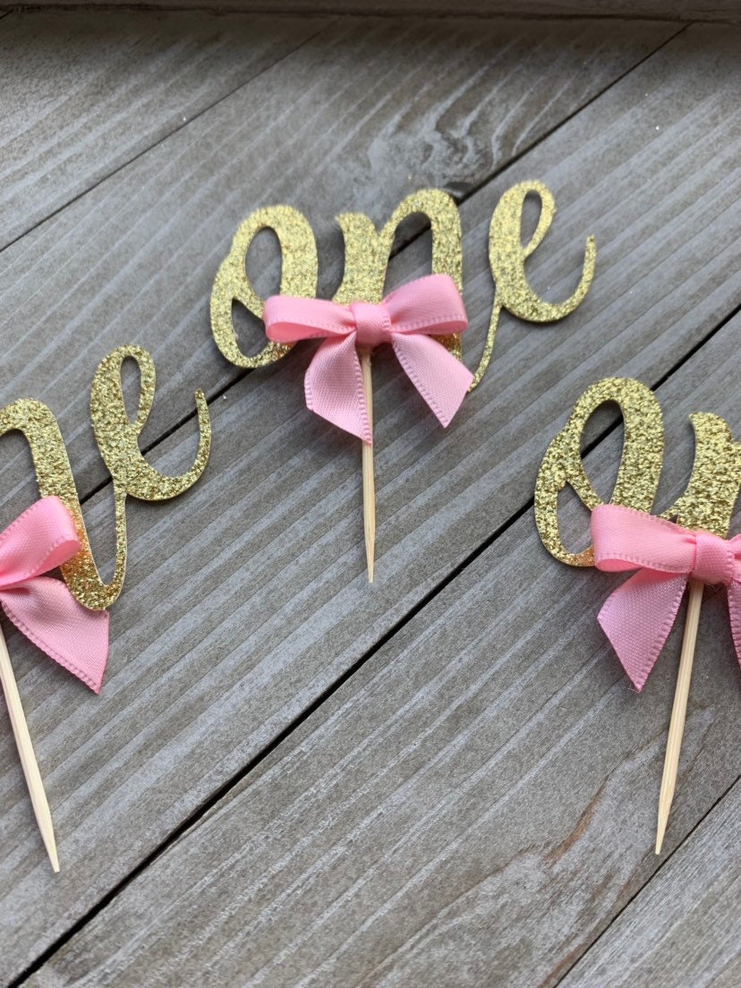 12 Gold Glitter One Cupcake Toppers With Bow, First Birthday, One ...