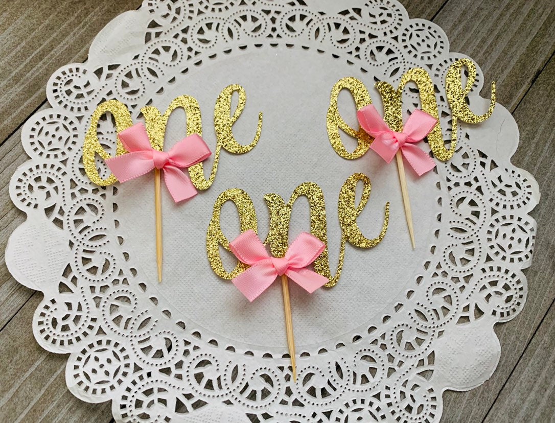 12 Gold Glitter One Cupcake Toppers With Bow, First Birthday, One ...