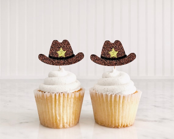 24 Piezas De Toppers Para Cupcakes De Primer Cumpleaños De Vaquero Con Purpurina, Sombrero De Primer Cumpleaños, Decoraciones De Pastel One De Vaquero Para Tema Occidental, Baby Shower, Niños Varones
