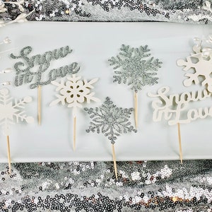 12 Snow In Love Cupcake Toppers/ Snowflake Cupcake Toppers/ Winter Wedding/ Winter Engagement/ Winter Bridal Shower Decor