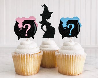 A Baby Is Brewing Cupcake Toppers/ Halloween Gender Reveal Toppers/ A Baby Is Brewing/ Witch Baby Shower/ Cauldron/ Spooky/ 12 Toppers
