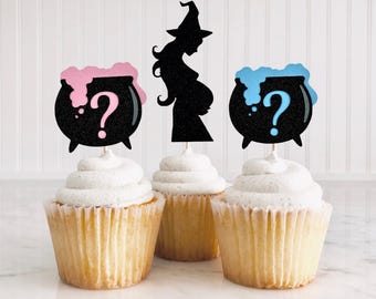 A Baby Is Brewing Cupcake Toppers/ Halloween Gender Reveal Toppers/ Little Boo Is Almost Due/ Witch Baby Shower/Boo-y Or Ghoul/ Spooky