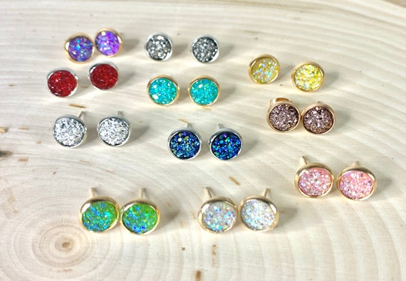 8mm Druzy Earrings/ Glitter Druzy Earrings/ Hypoallergenic Stainless Steel/ Faux Druzy/ Jewelry Gifts/ 1 Pair