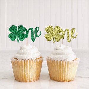St. Patrick&#39;s Day Cupcake Toppers/ Shamrock Toppers/ Four Leaf Clover Cupcake Toppers/ St. Patty’s 1st Birthday Decor/ Lucky One/ Two Lucky