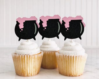 A Baby Is Brewing Cupcake Toppers/ Halloween Gender Reveal Toppers/ A Baby Is Brewing/ Witch Baby Shower/ Cauldron/ Pink/ Blue / 12 Toppers