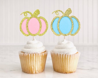 12 pequeños adornos para cupcakes de calabaza, adornos para cupcakes de calabaza con purpurina azul/rosa y dorado, cumpleaños de otoño, baby shower para bebés