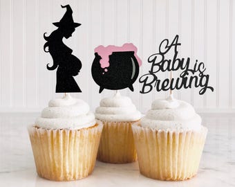 A Baby Is Brewing Cupcake Toppers/ Halloween Gender Reveal Party Decor/ Pregnant Witch Baby Shower/ Boo-y Or Ghoul/ Witch Or Wizard/ Spooky