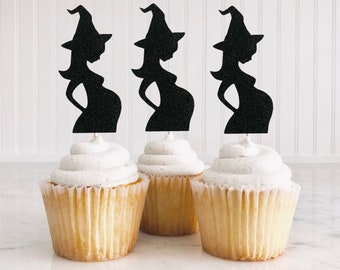 Pregnant Witch Cupcake Toppers/ Halloween Gender Reveal Toppers/ A Baby Is Brewing/ Witch Baby Shower/ 12 Toppers
