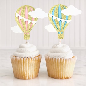 12 Hot Air Balloon With Cloud Cupcake Toppers, Baby BlurAnd Pink Hot Air Balloons, Up, Up And Away, Oh The Places You Will Go, Gender Reveal