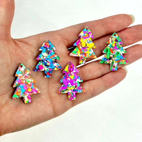 Christmas Tree Acrylic Earring Blanks/ Adorable Glitter Holiday Tree Charms/ Confetti Tree Pendants/ Christmas DIY Jewelry Supplies