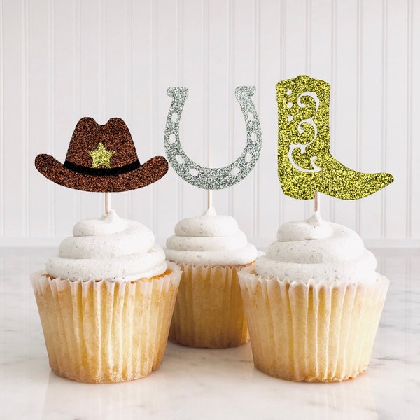 Cowboy Cupcake Toppers/ 12 Toppers/ Cowgirl Party/ Cowboy 1st Birthday/ Cowboy Hat/ Horseshoe/ Cowboy Boots/ My First Rodeo/ Rodeo Toppers