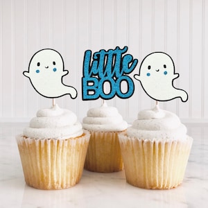 Ghost Cupcake Toppers/ Little Boo Cupcake Toppers/ Halloween Gender Reveal Toppers/ A Little Boo Is Almost Due/ Cute Ghost/ Blue/ 12 Toppers