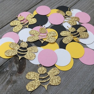 150 abelhas com glitter dourado e confetes circulares, pequenas abelhas decorações para chá de bebê, mamãe para abelha, abelha, abelha bebê feliz beeday