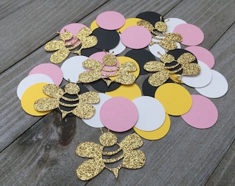 150 gold glitter bumble bees and circle confetti, little bee baby shower decorations, mommy to bee, bumble bee, baby bee happy beeday