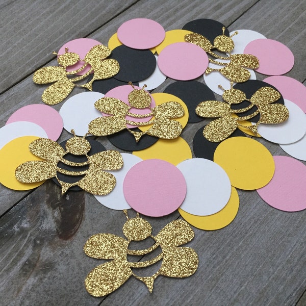 150 gold glitter bumble bees and circle confetti, little bee baby shower decorations, mommy to bee, bumble bee, baby bee happy beeday