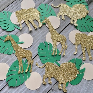 100 gold glitter safari animals with monstera leaf and circle confetti, jungle safari decor, safari baby shower