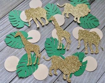 100 goldene Safaritiere mit Monsterablatt und Kreiskonfetti, Dschungelsafaridekor, Safari-Babyparty