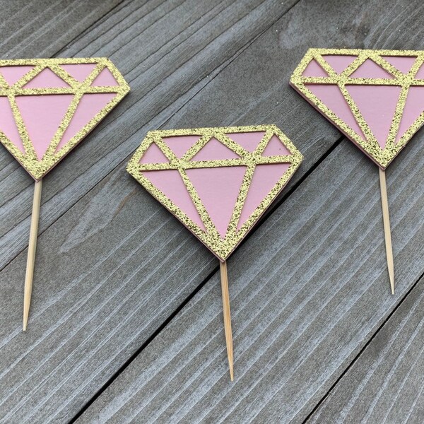 12 Gold Diamond Cupcake Toppers, Wedding Decor, Engagement Party Decor, Pink Bridal Shower, Diamond Party, Bachelorette Decor