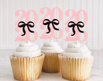 Pink Class of 2026 Coquette Cupcake Toppers/ Bow Party Decorations/ Girly Graduaton Decor/ Senior Night Floral Picks/ Hooray She Did It