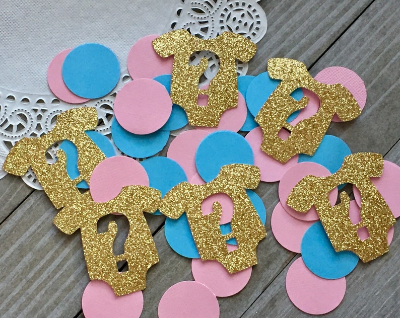 blue and pink circles gold glitter 100 gender reveal party decorations onesie with question marks baby shower decorations baby onesie