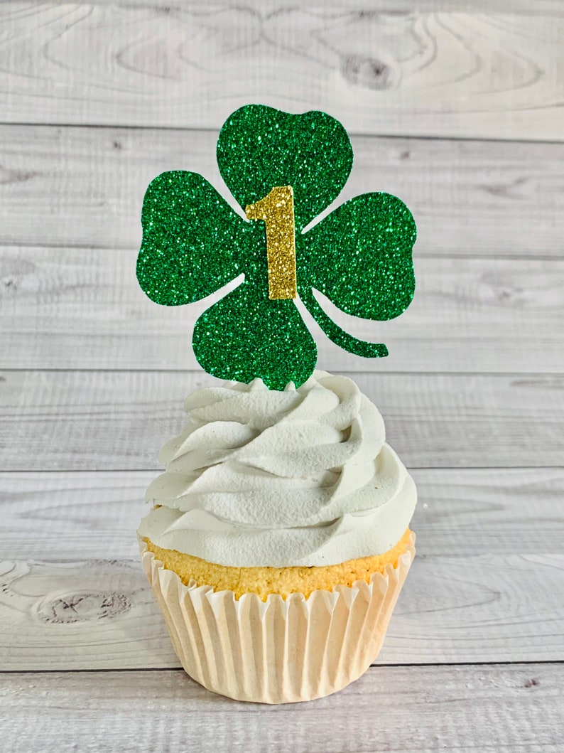 12 Shamrock One Toppers Patty\u2019s Day Birthday Patricks\u2019s Day Decor Lucky One Toppers Four Leaf Clover Cupcake Toppers St St